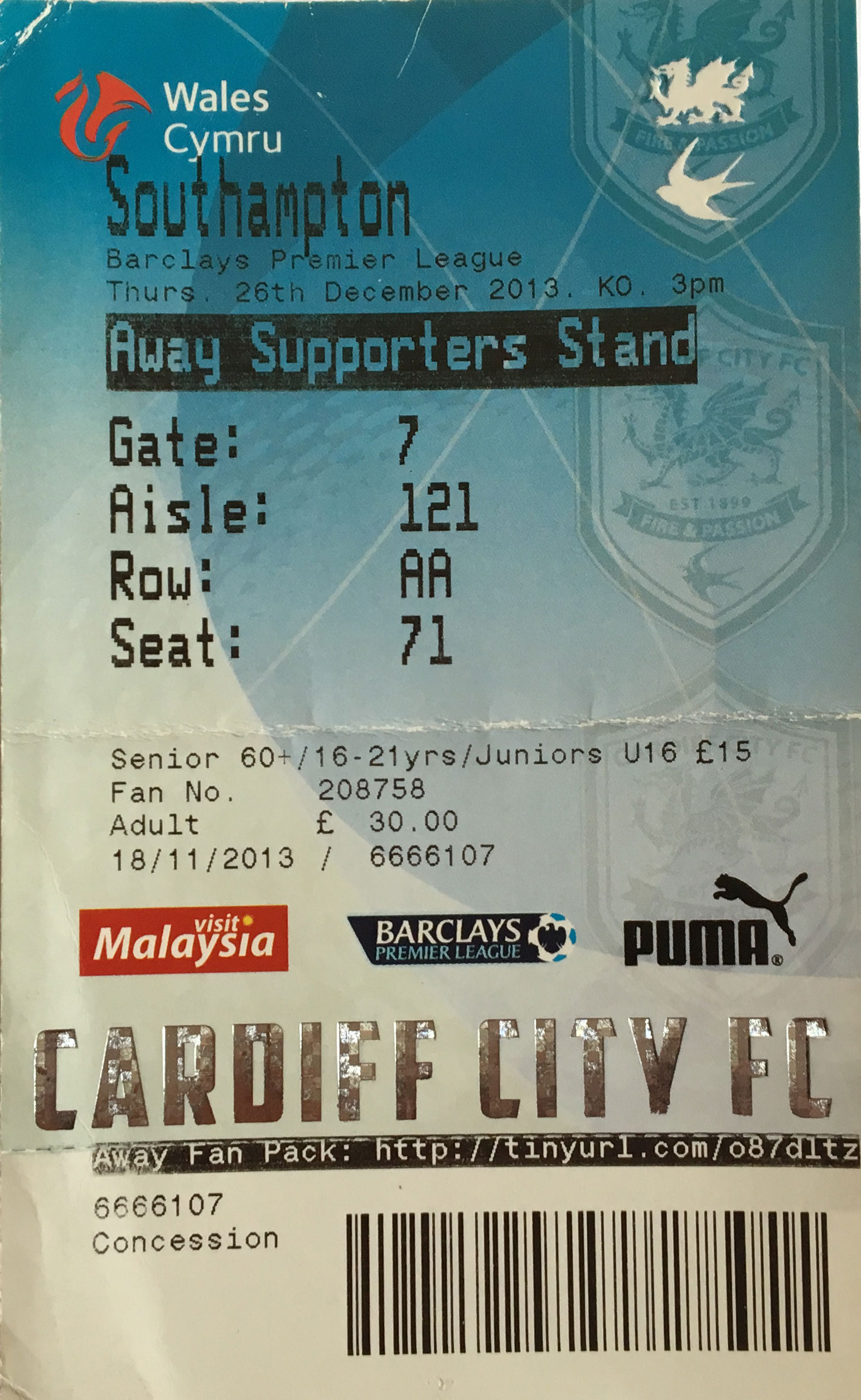 Cardiff City away ticket in the Premier League on the 12/8/2018 at the Cardiff City Stadium