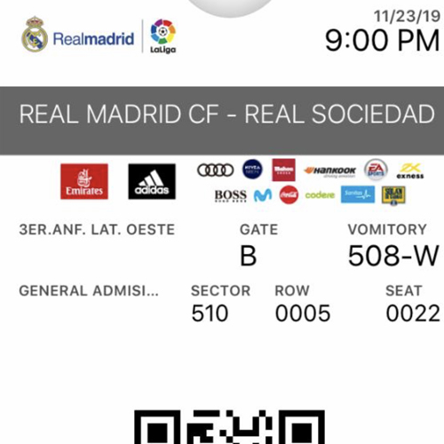Real Madrid away ticket in the Spanish La Liga on the 11/23/2019 at the Santiago Bernabéu
