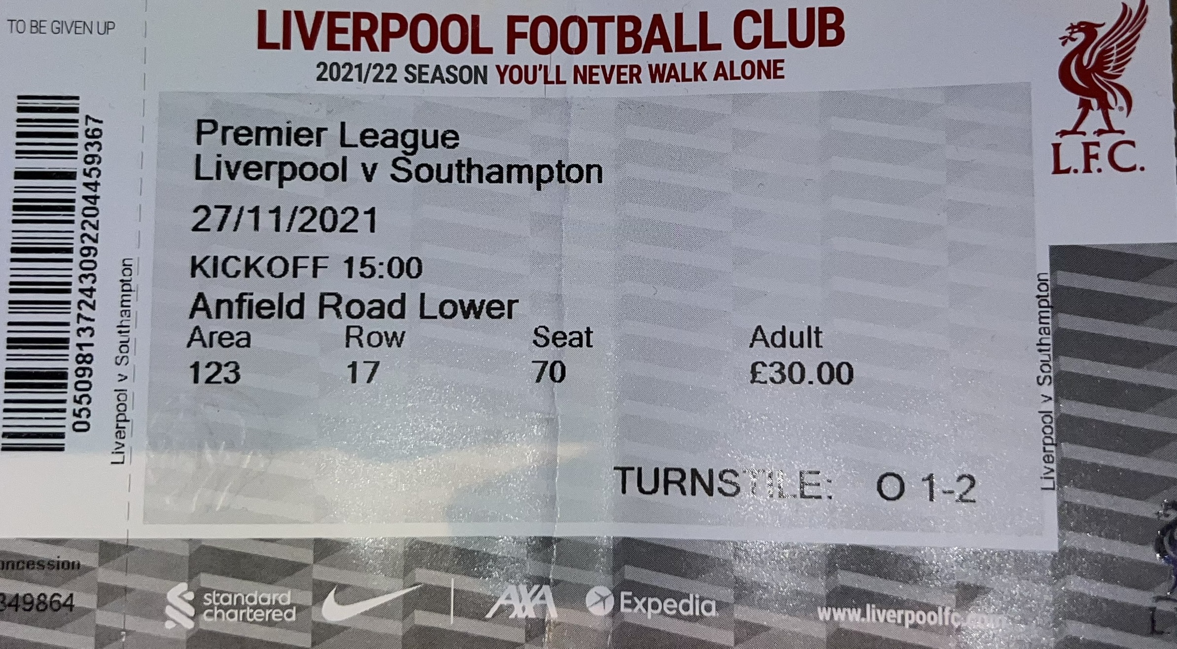 Liverpool away ticket in the Premier League on the 11/27/2021 at the Anfield