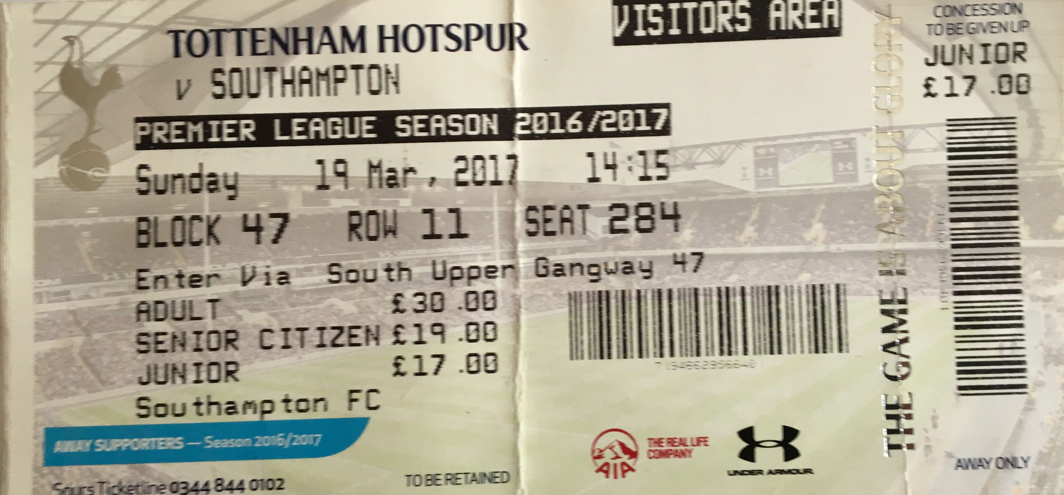 Tottenham Hotspur away ticket in the Premier League on the 3/19/2017 at the White Hart Lane