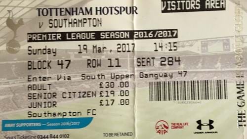 Tottenham Hotspur away ticket in the Premier League on the 3/19/2017 at the White Hart Lane