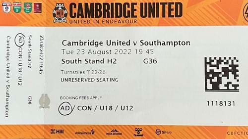 Cambridge United away ticket in the Caraboa Cup on the 8/23/2022 at the Abbey Stadium