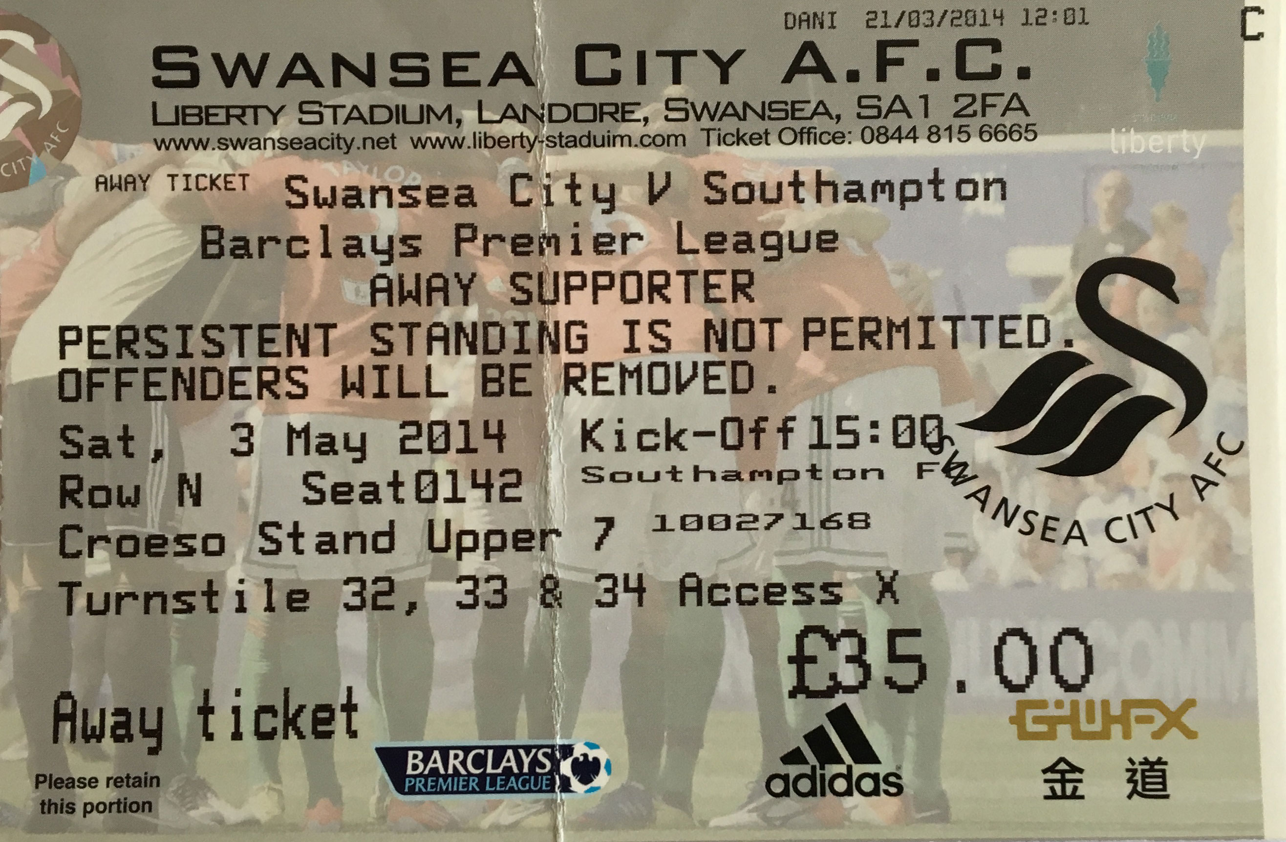 Swansea City away ticket in the Premier League on the 5/3/2014 at the Liberty Stadium