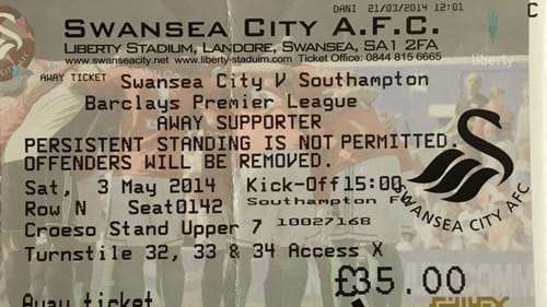 Swansea City away ticket in the Premier League on the 5/3/2014 at the Liberty Stadium