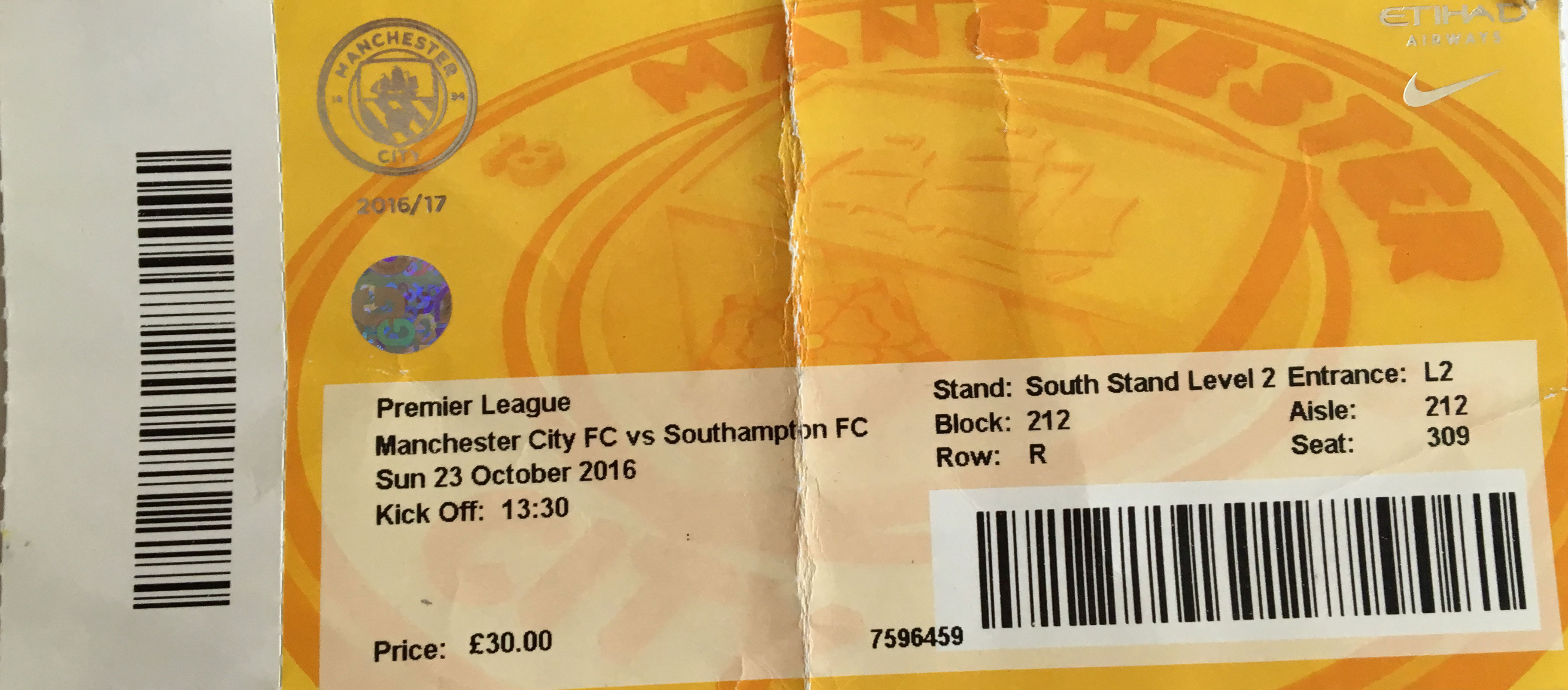 Manchester City away ticket in the Premier League on the 10/23/2016 at the The Etihad