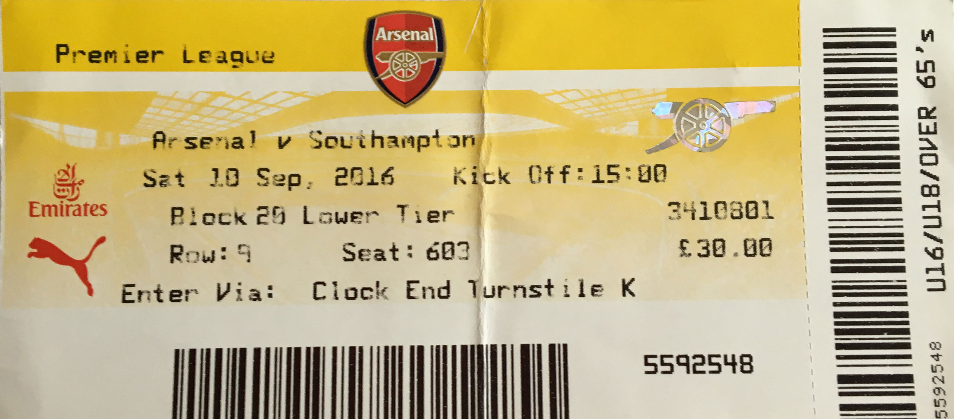 Arsenal away ticket in the Premier League on the 9/10/2016 at the The Emirates