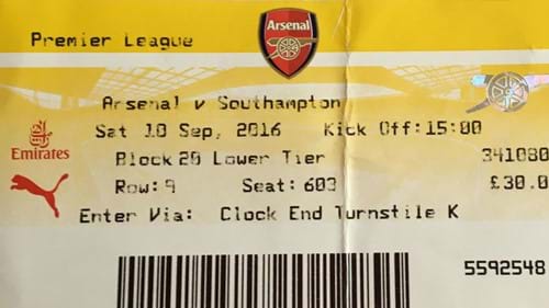 Arsenal away ticket in the Premier League on the 9/10/2016 at the The Emirates