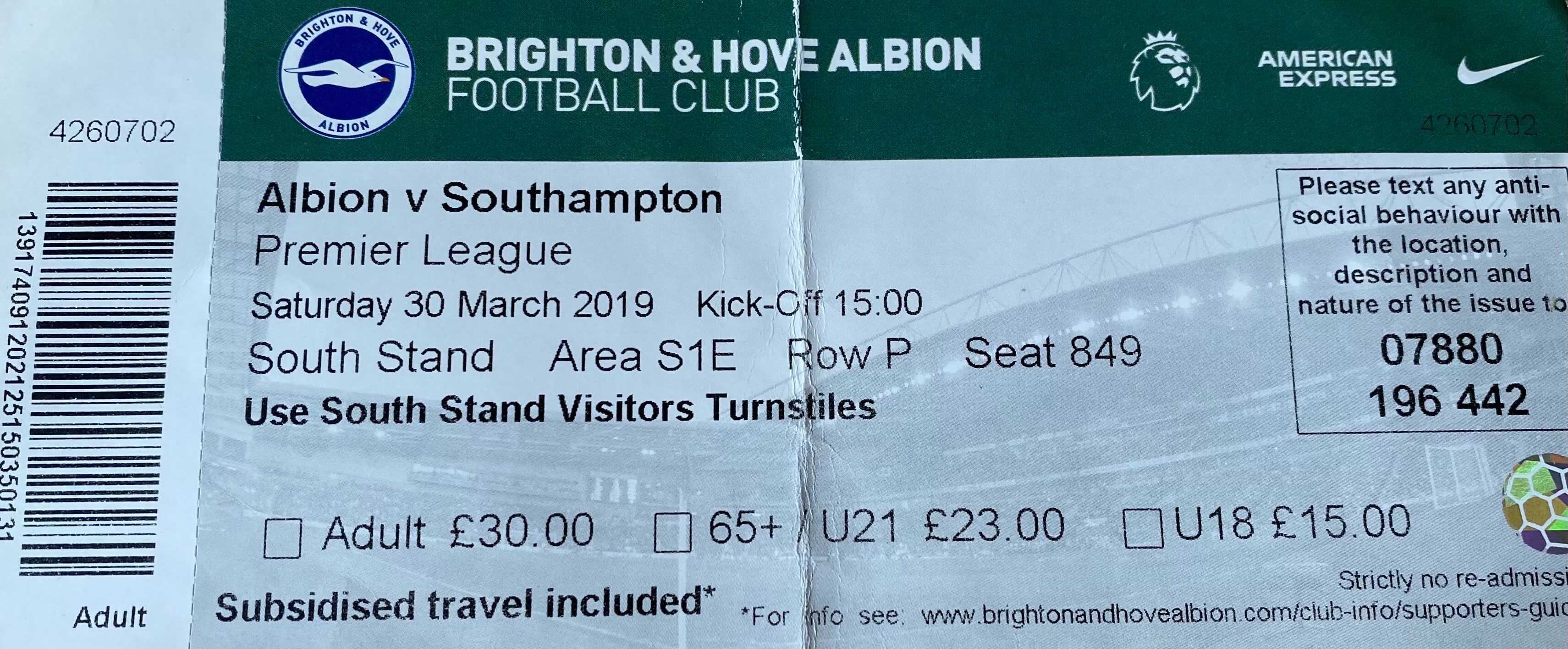 Brighton & Hove Albion away ticket in the Premier League on the 3/30/2019 at the The Amex
