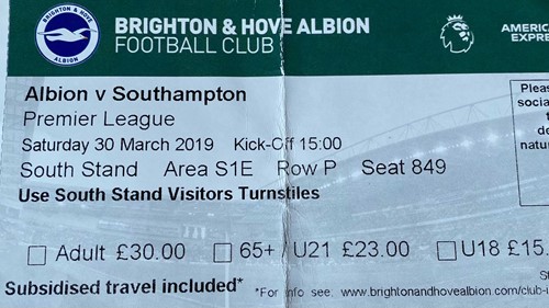 Brighton & Hove Albion away ticket in the Premier League on the 3/30/2019 at the The Amex