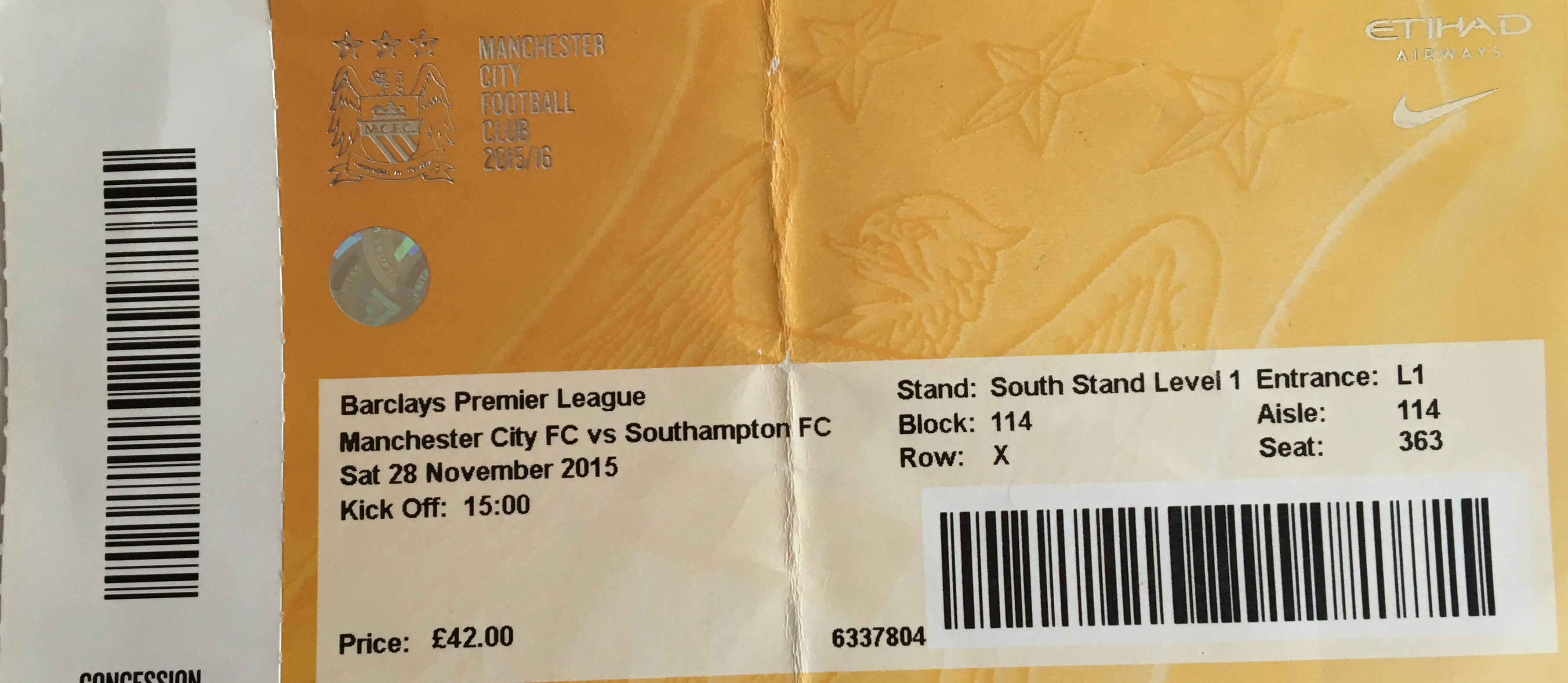 Manchester City away ticket in the Premier League on the 11/28/2015 at the The Etihad