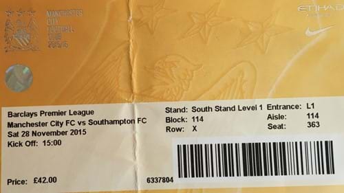 Manchester City away ticket in the Premier League on the 11/28/2015 at the The Etihad