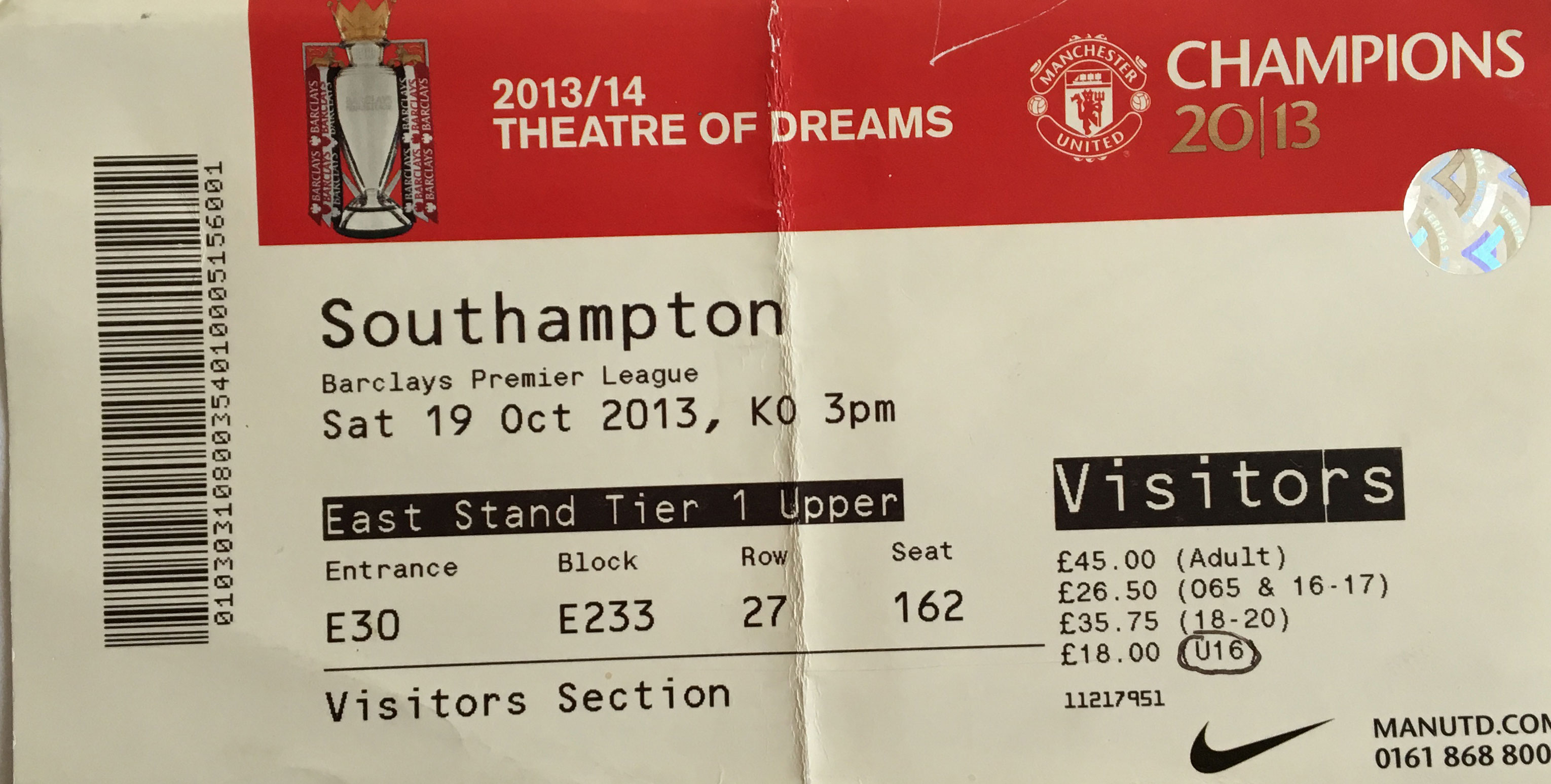 Manchester United away ticket in the Premier League on the 10/19/2013 at the Old Trafford