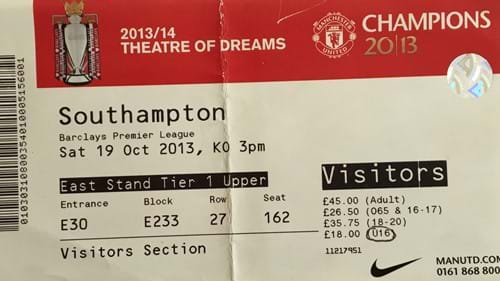 Manchester United away ticket in the Premier League on the 10/19/2013 at the Old Trafford