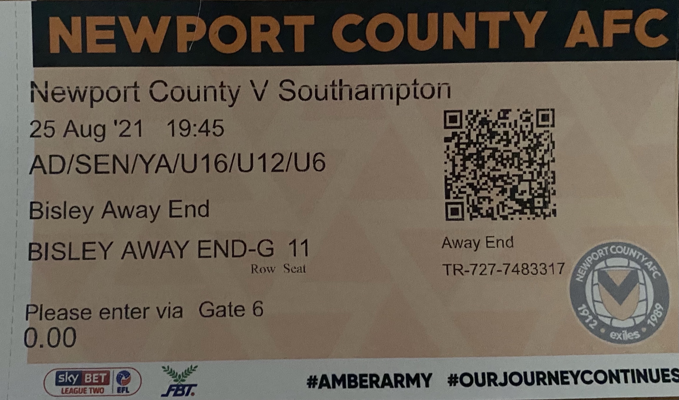 Newport County away ticket in the Carabao Cup on the 8/25/2021 at the Rodney Parade