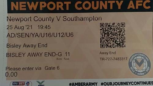 Newport County away ticket in the Carabao Cup on the 8/25/2021 at the Rodney Parade