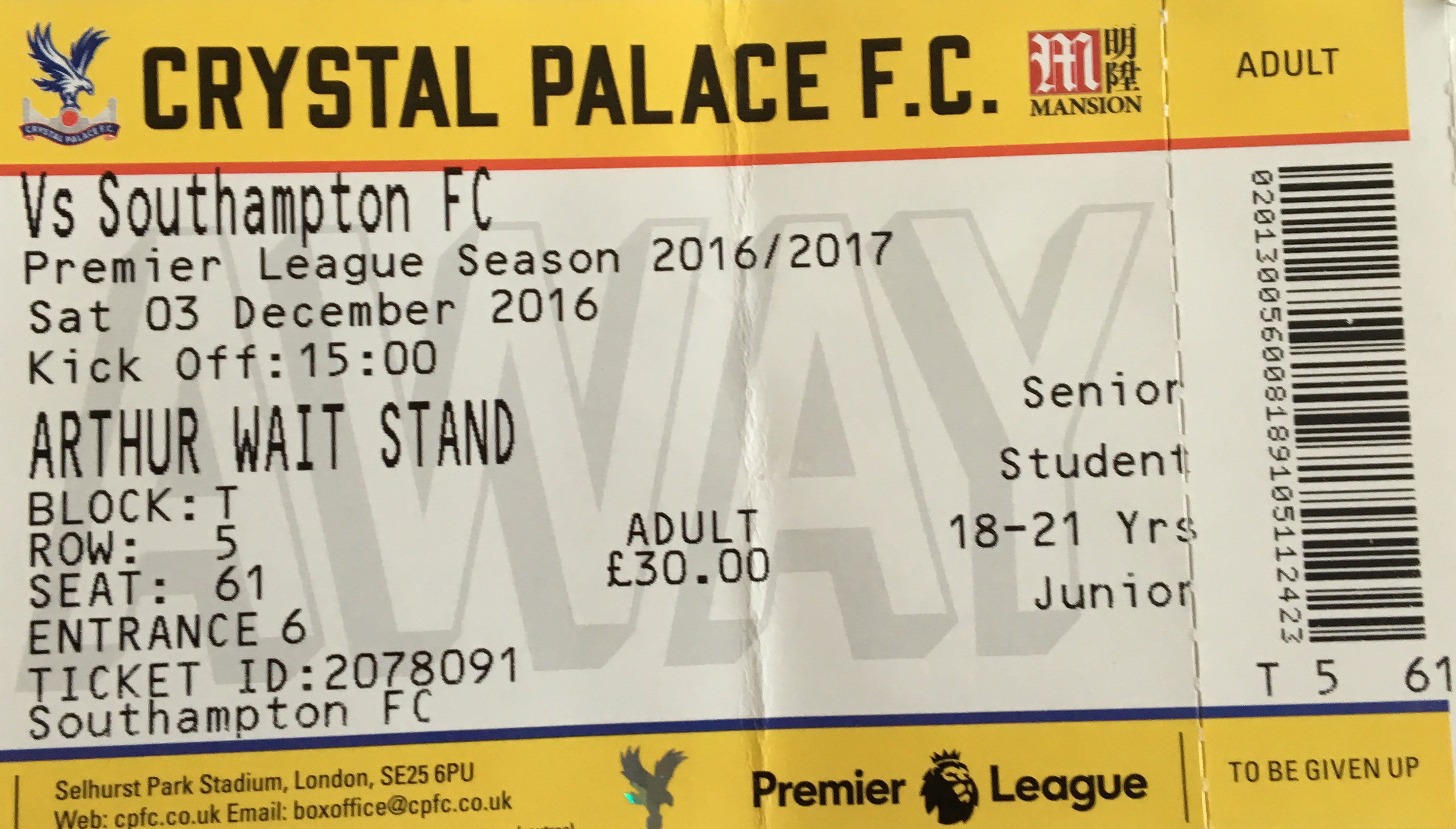 Crystal Palace away ticket in the Premier League on the 12/3/2016 at the Selhurst Park