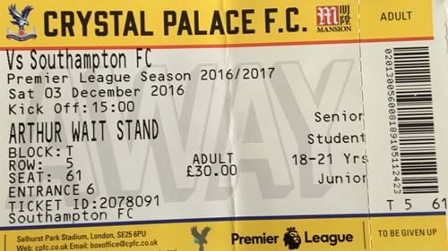 Crystal Palace away ticket in the Premier League on the 12/3/2016 at the Selhurst Park