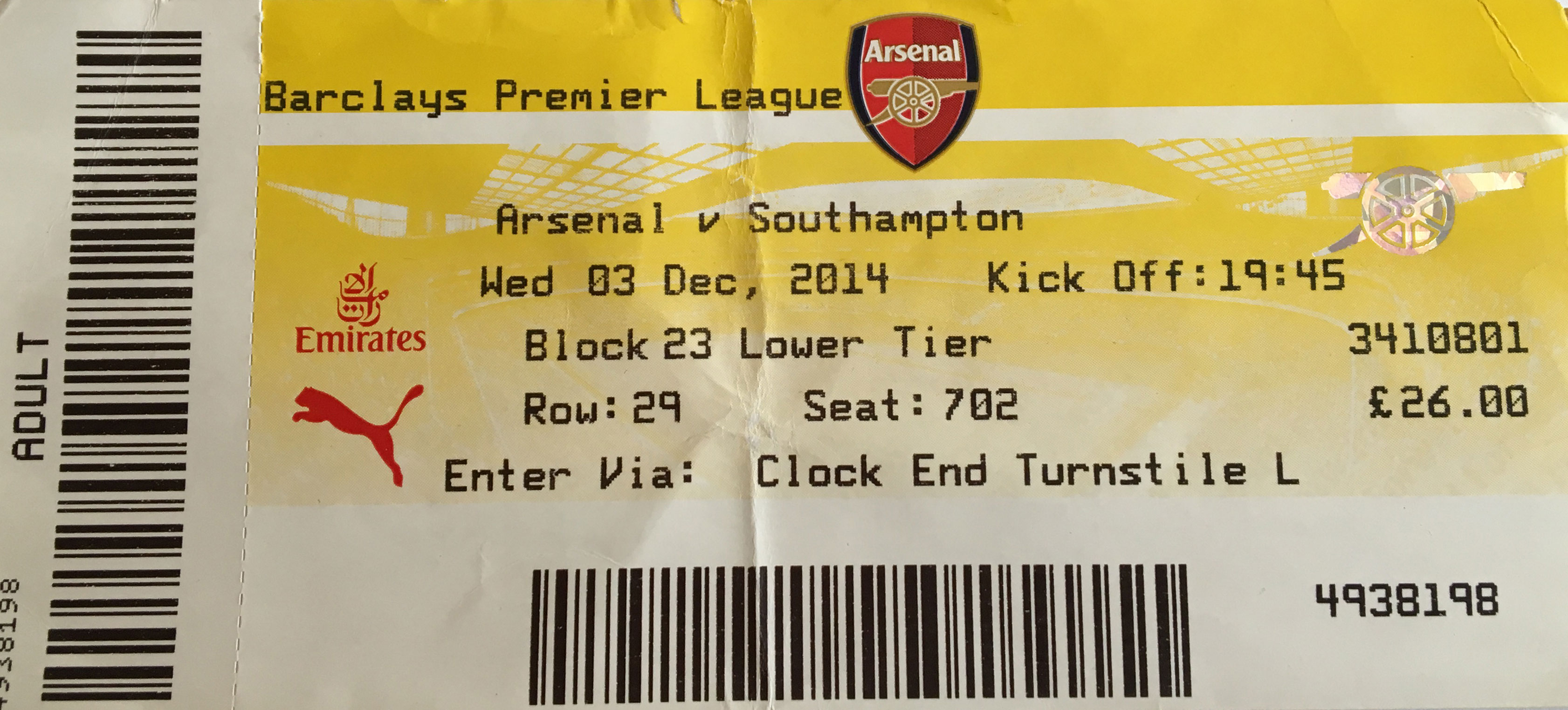 Arsenal away ticket in the Premier League on the 12/3/2014 at the The Emirates