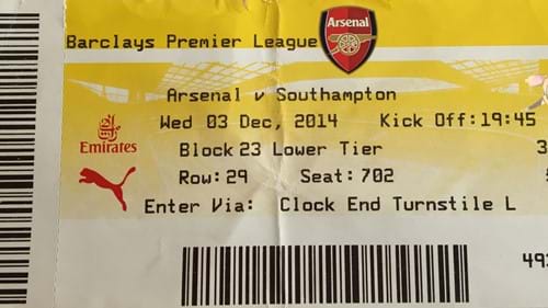 Arsenal away ticket in the Premier League on the 12/3/2014 at the The Emirates