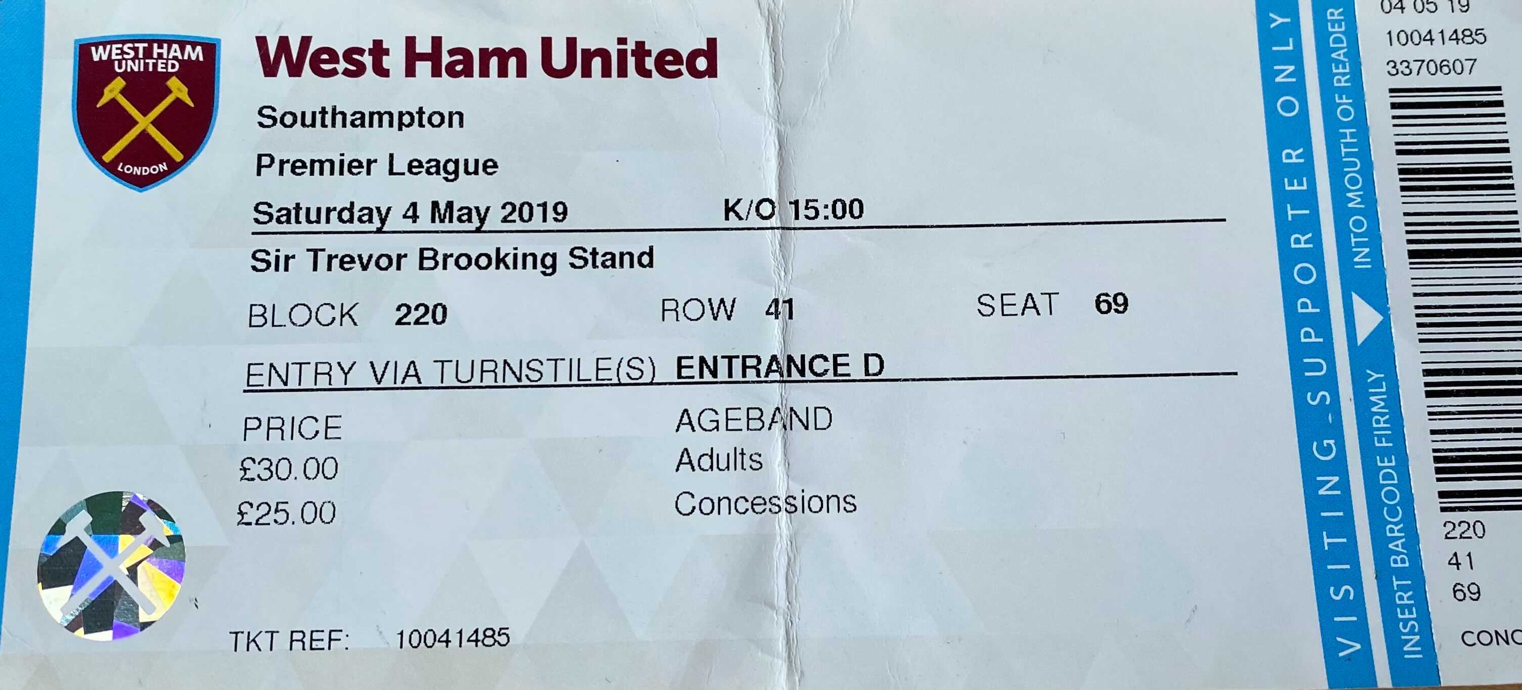 West Ham United away ticket in the Premier League on the 5/4/2019 at the London Stadium