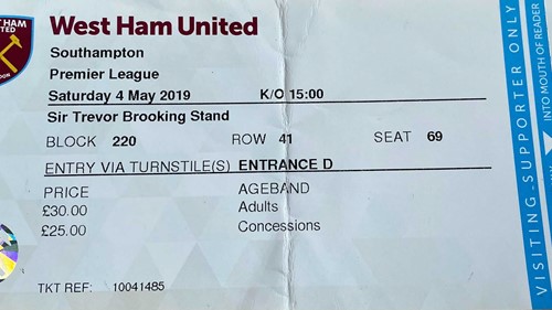 West Ham United away ticket in the Premier League on the 5/4/2019 at the London Stadium
