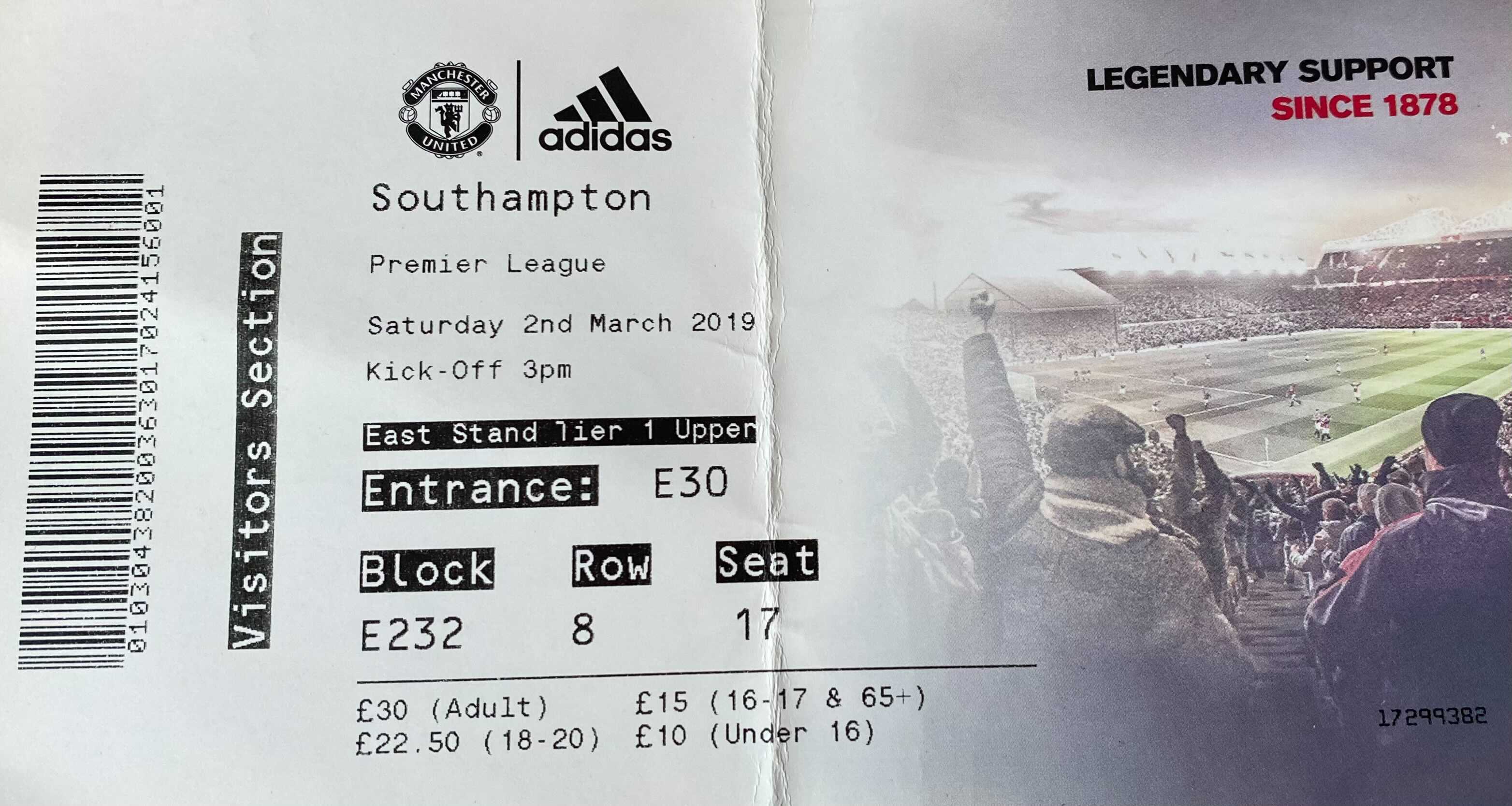 Manchester United away ticket in the Premier League on the 3/3/2019 at the Old Trafford