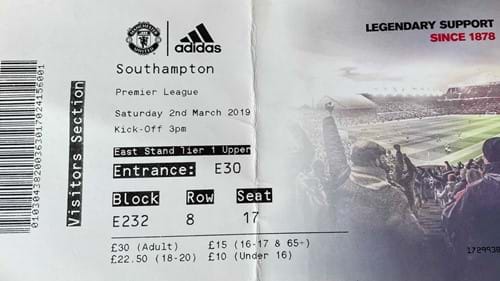 Manchester United away ticket in the Premier League on the 3/3/2019 at the Old Trafford
