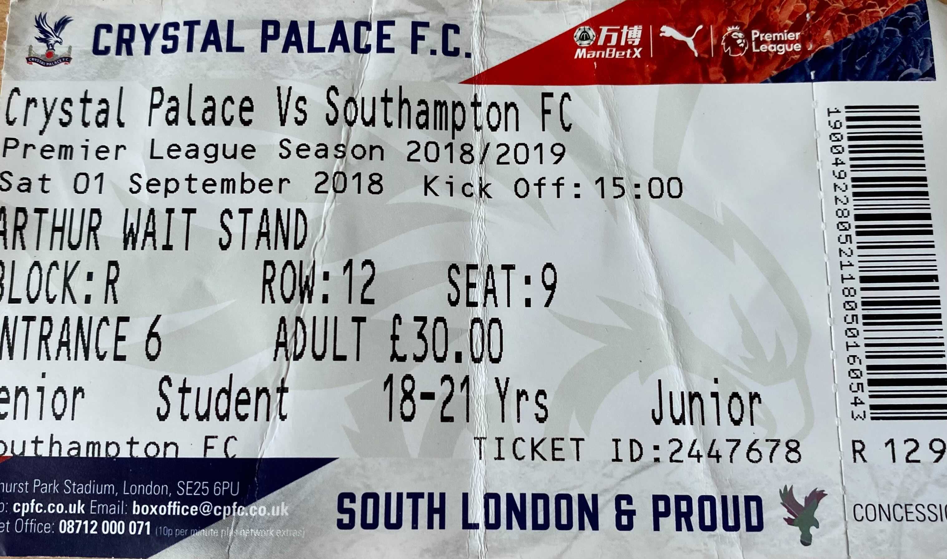 Crystal Palace away ticket in the Premier League on the 9/1/2018 at the Selhurst Park