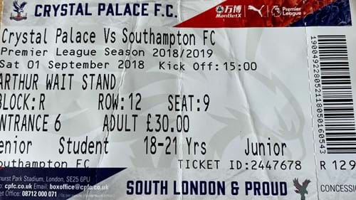 Crystal Palace away ticket in the Premier League on the 9/1/2018 at the Selhurst Park
