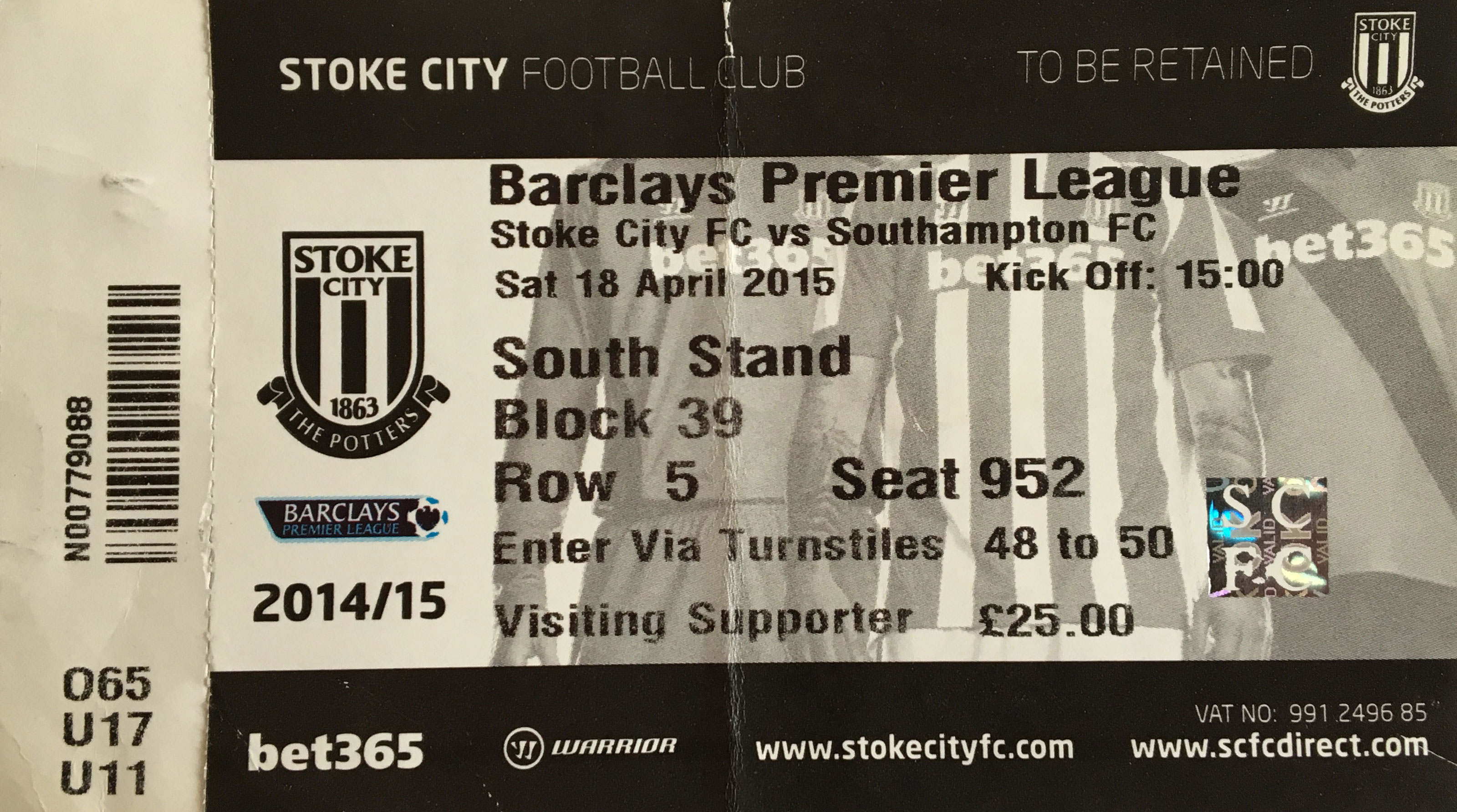 Stoke City away ticket in the Premier League on the 4/18/2015 at the bet365 Stadium