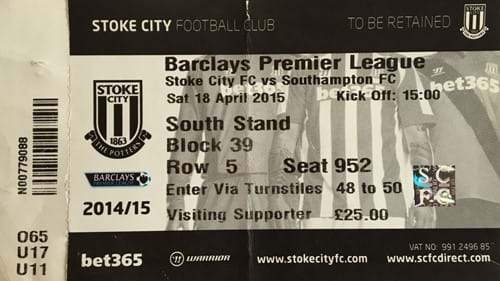 Stoke City away ticket in the Premier League on the 4/18/2015 at the bet365 Stadium