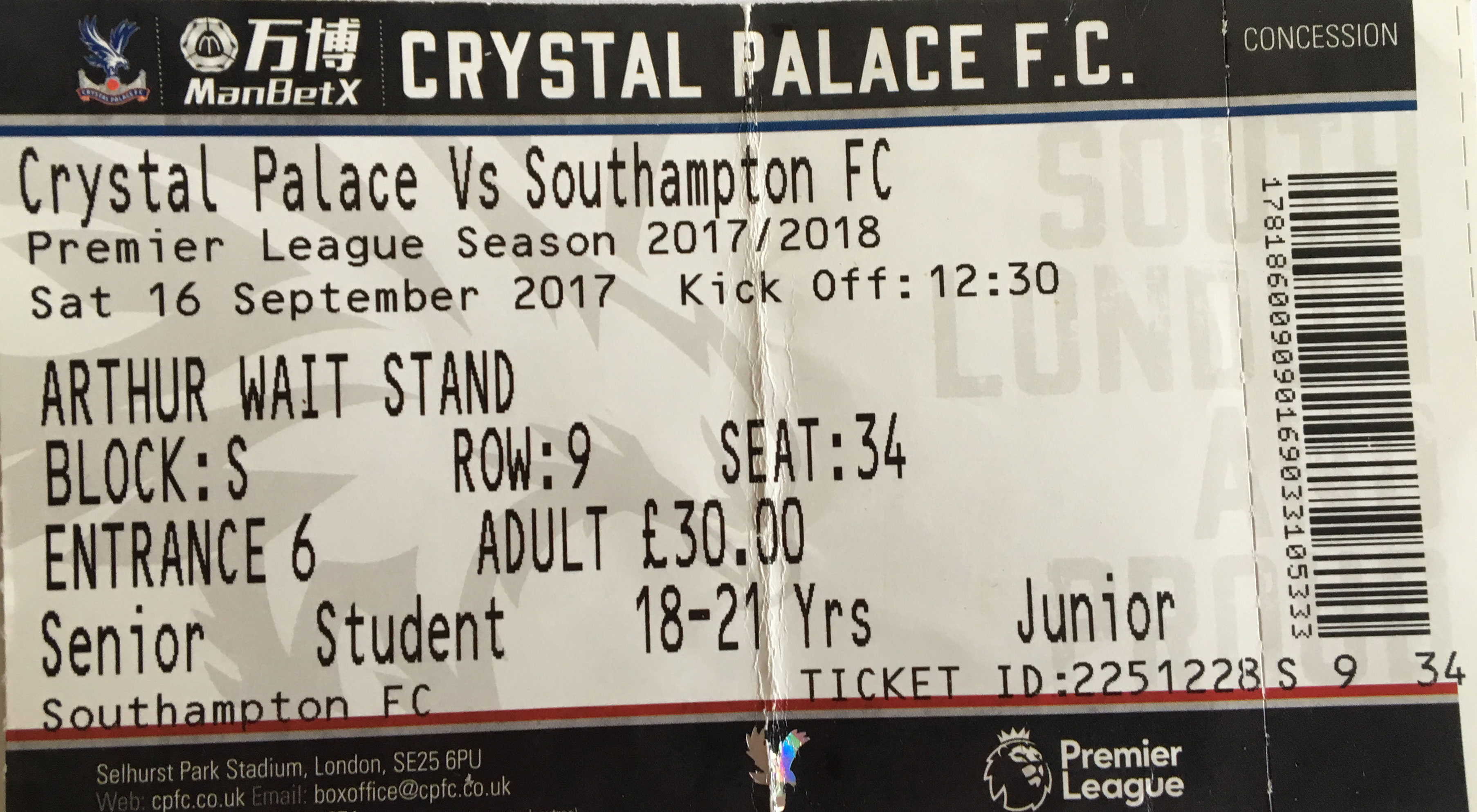 Crystal Palace away ticket in the Premier League on the 9/16/2017 at the Selhurst Park