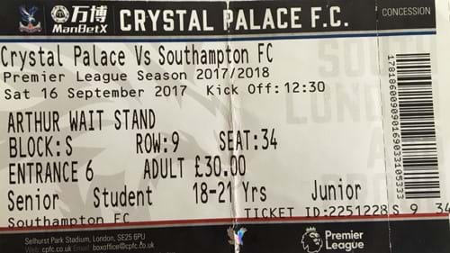 Crystal Palace away ticket in the Premier League on the 9/16/2017 at the Selhurst Park