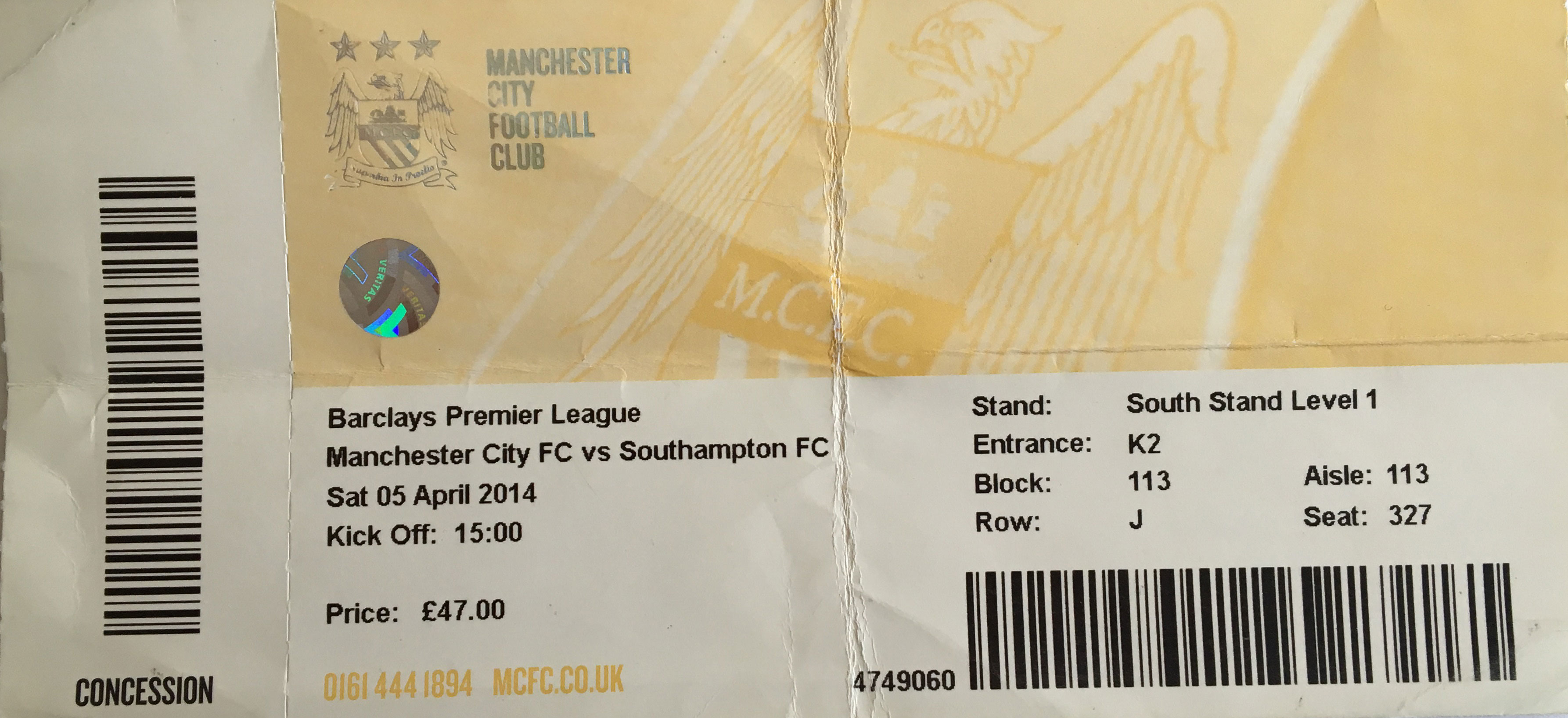 Manchester City away ticket in the Premier League on the 5/4/2014 at the The Etihad
