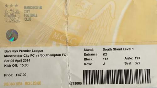 Manchester City away ticket in the Premier League on the 5/4/2014 at the The Etihad