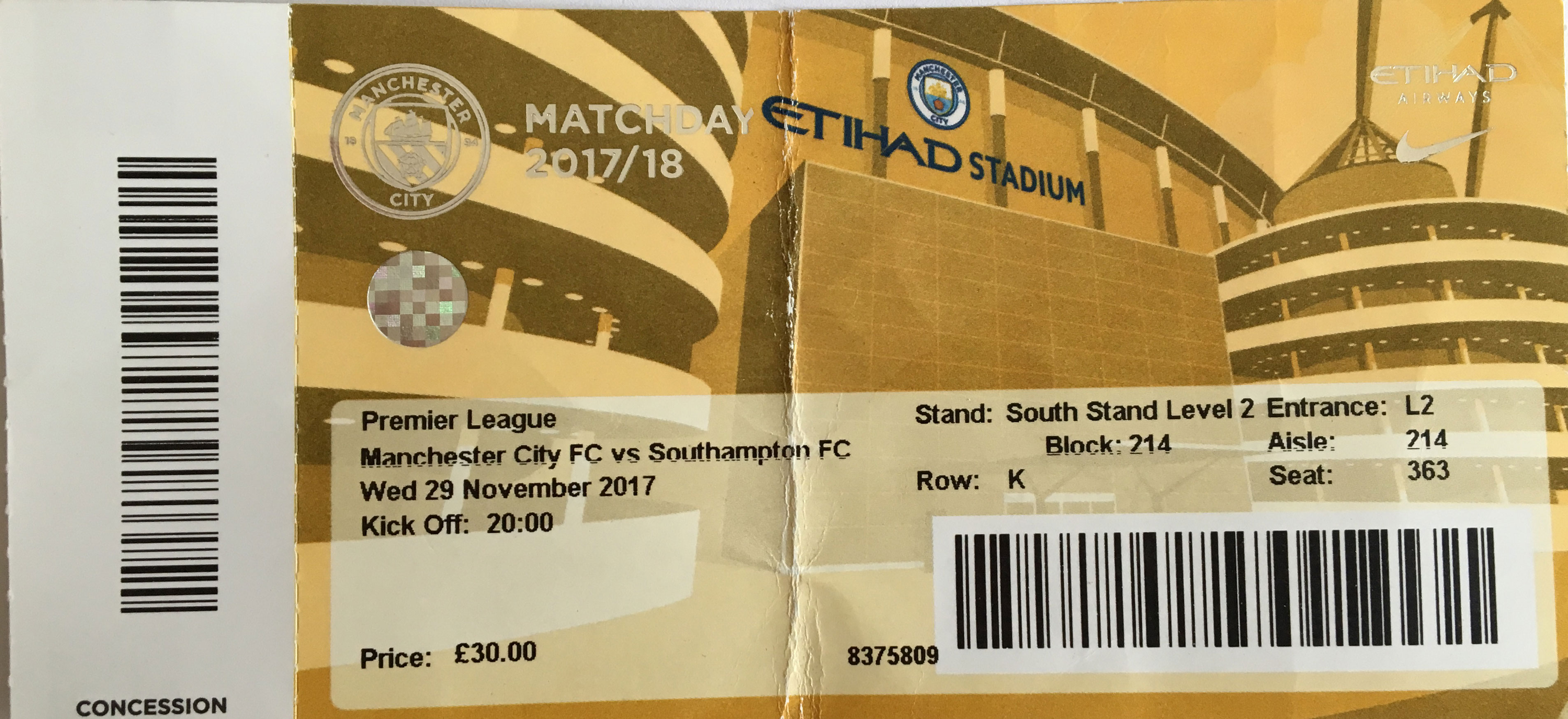 Manchester City away ticket in the Premier League on the 11/29/2017 at the The Etihad