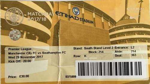 Manchester City away ticket in the Premier League on the 11/29/2017 at the The Etihad