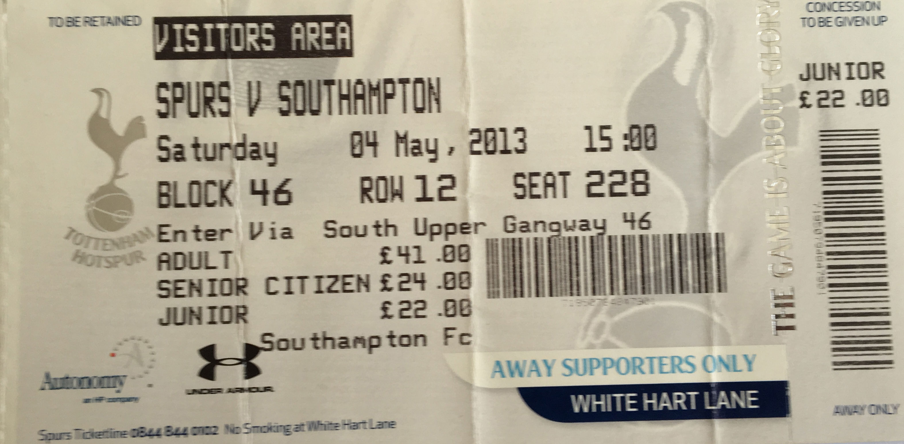 Tottenham Hotspur away ticket in the Premier League on the 5/4/2013 at the White Hart Lane