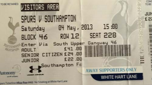 Tottenham Hotspur away ticket in the Premier League on the 5/4/2013 at the White Hart Lane
