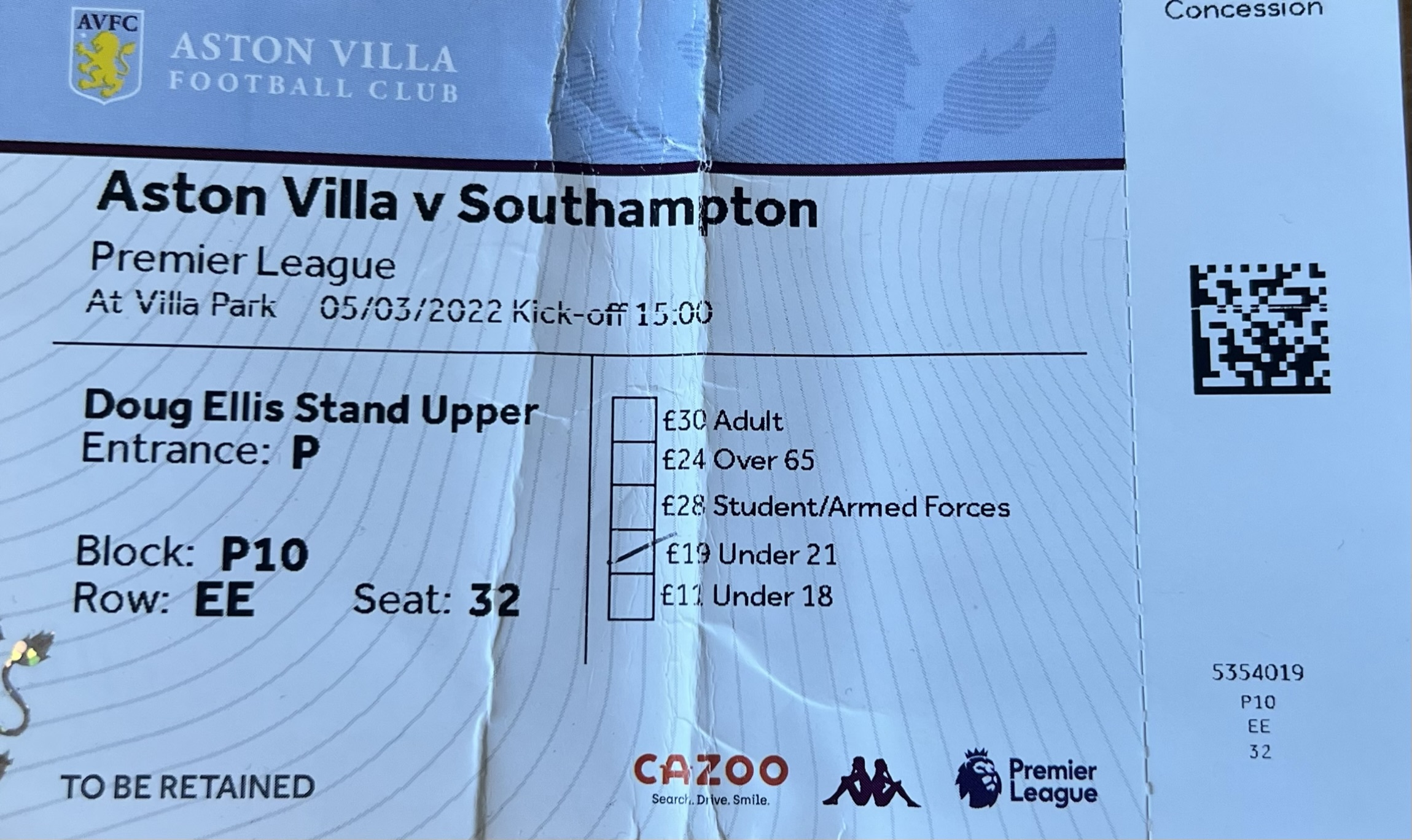 Aston Villa away ticket in the Premier League on the 3/5/2022 at the Villa Park