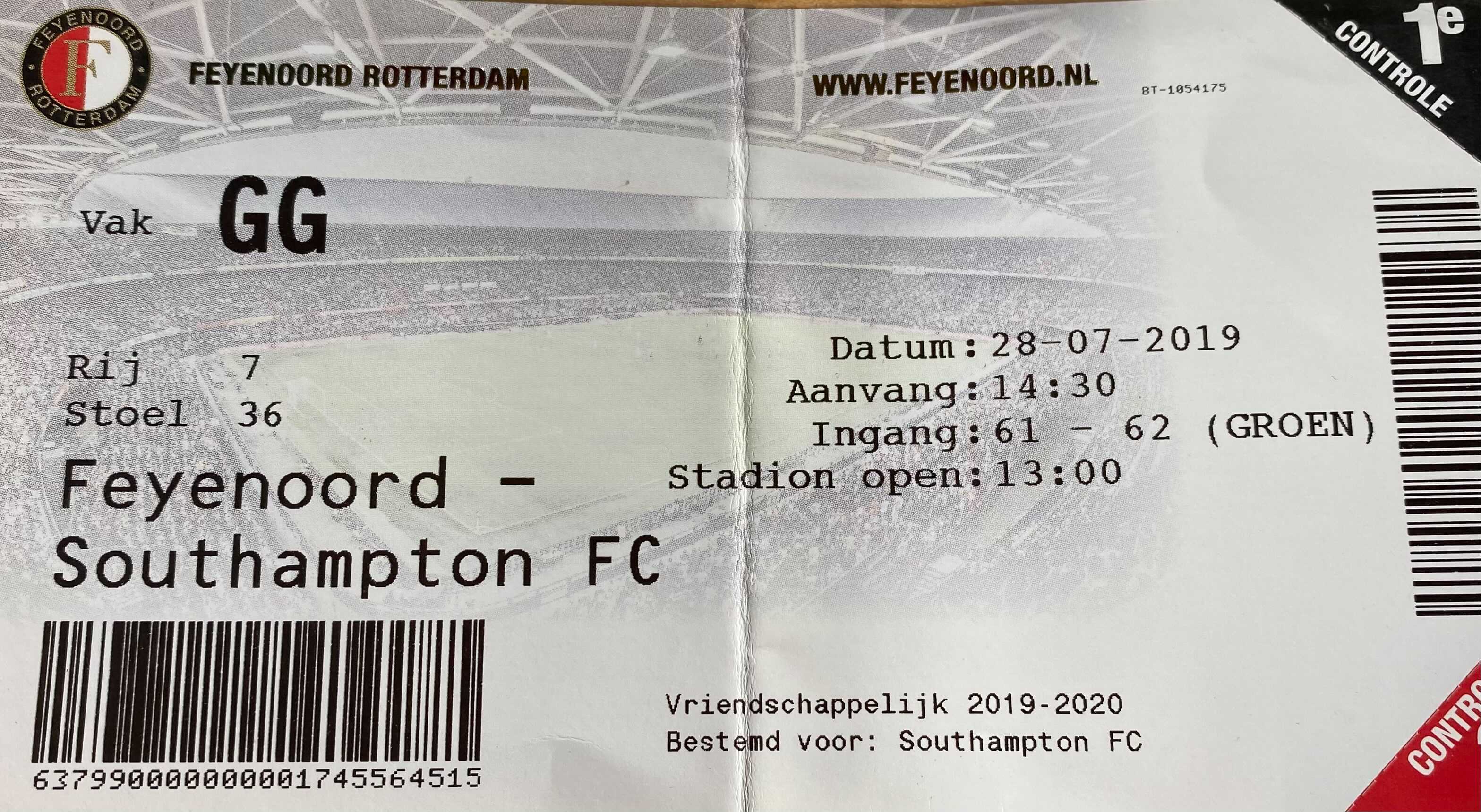 Feyenoord away ticket in the Pre season friendly on the 7/28/2019 at the Stadion Feijenoord