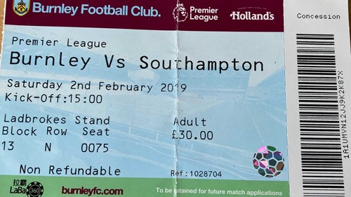 Burnley away ticket in the Premier League on the 2/2/2019 at the Turf Moor
