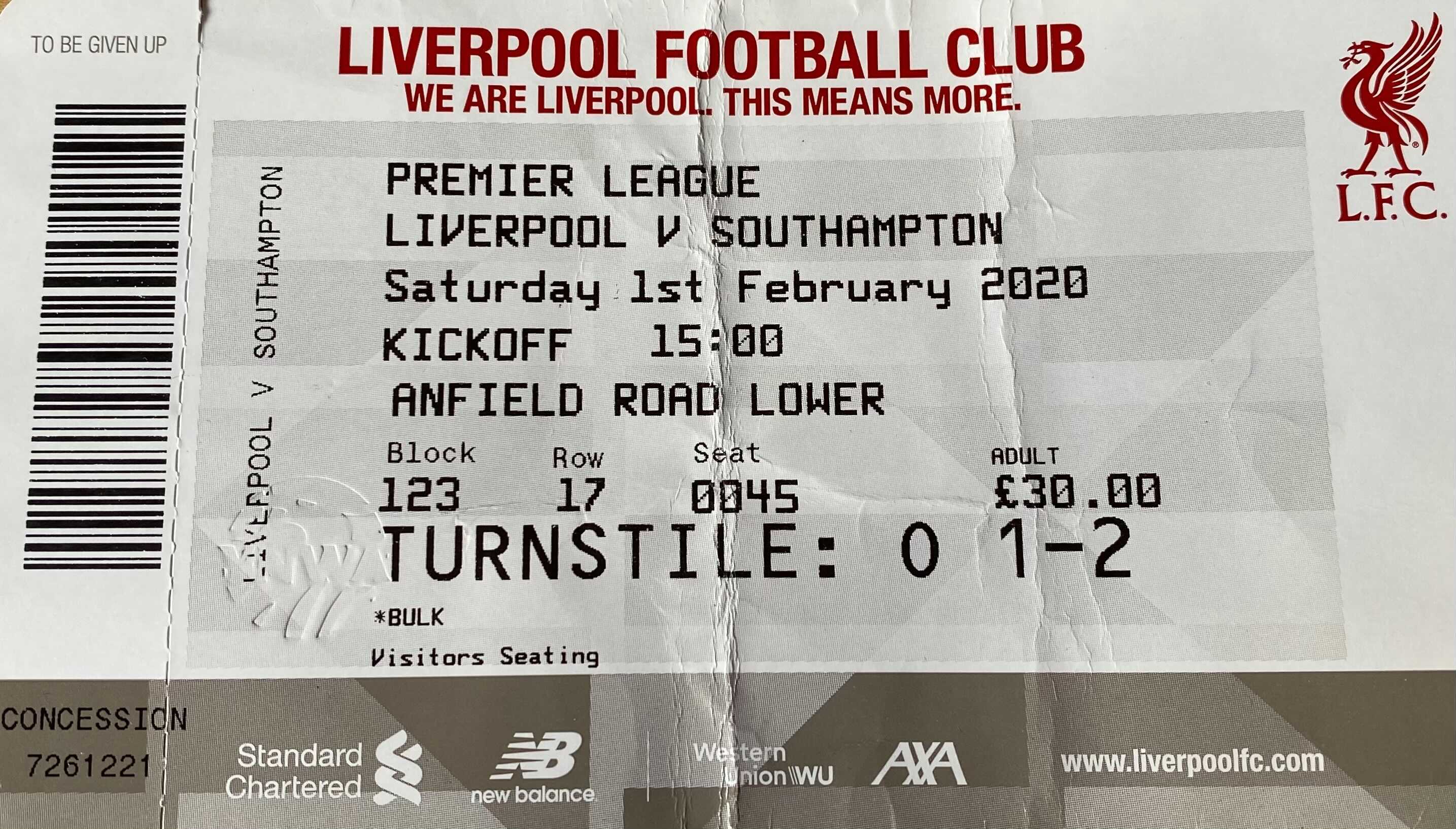 Liverpool away ticket in the Premier League on the 2/1/2020 at the Anfield