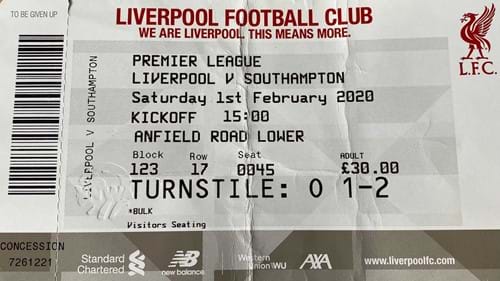 Liverpool away ticket in the Premier League on the 2/1/2020 at the Anfield