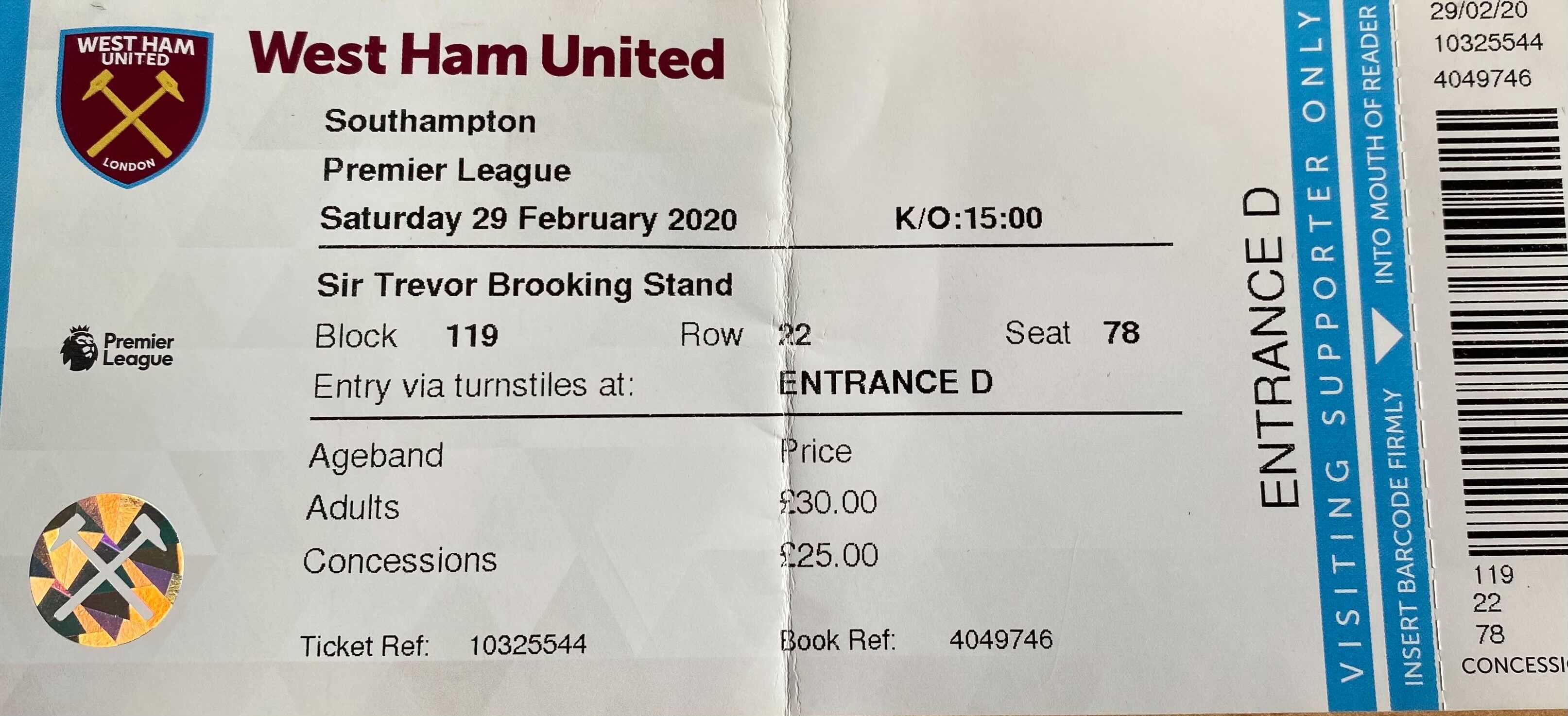 West Ham United away ticket in the Premier League on the 2/29/2020 at the London Stadium