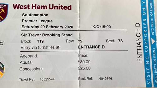 West Ham United away ticket in the Premier League on the 2/29/2020 at the London Stadium