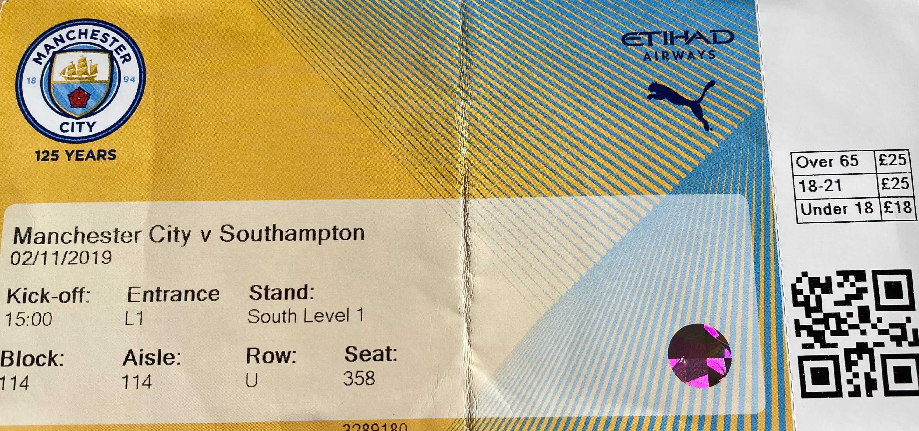 Manchester City away ticket in the Premier League on the 11/2/2019 at the The Etihad