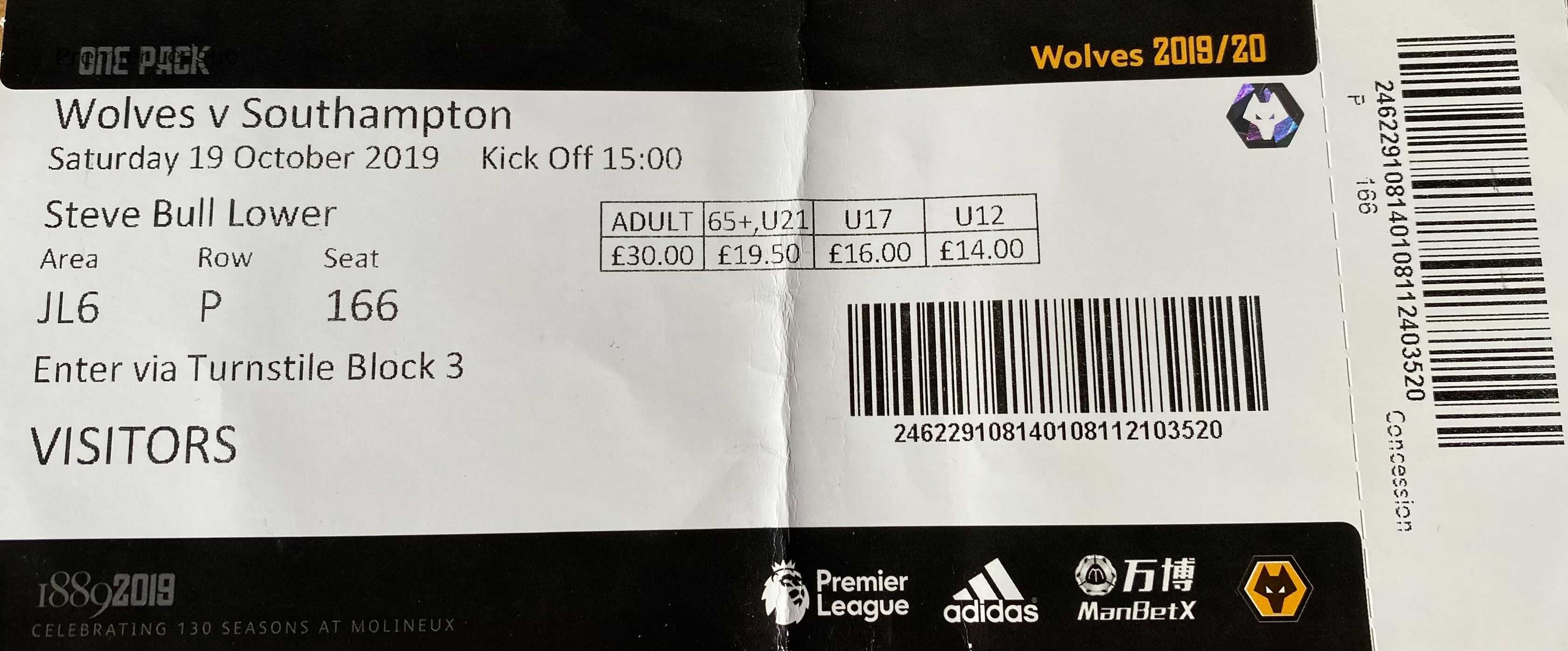 Wolverhampton Wanderers away ticket in the Premier League on the 10/19/2019 at the Molineux Stadium