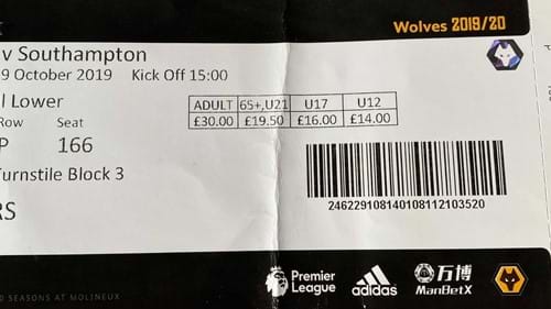 Wolverhampton Wanderers away ticket in the Premier League on the 10/19/2019 at the Molineux Stadium