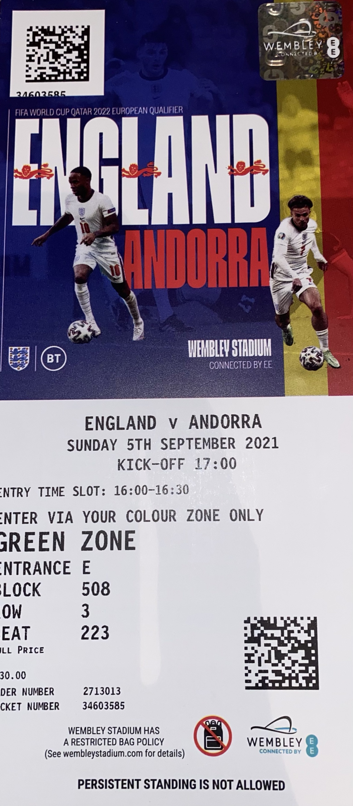 away ticket in the World Cup 2022 Qualifier on the 9/5/2021 at the Wembley